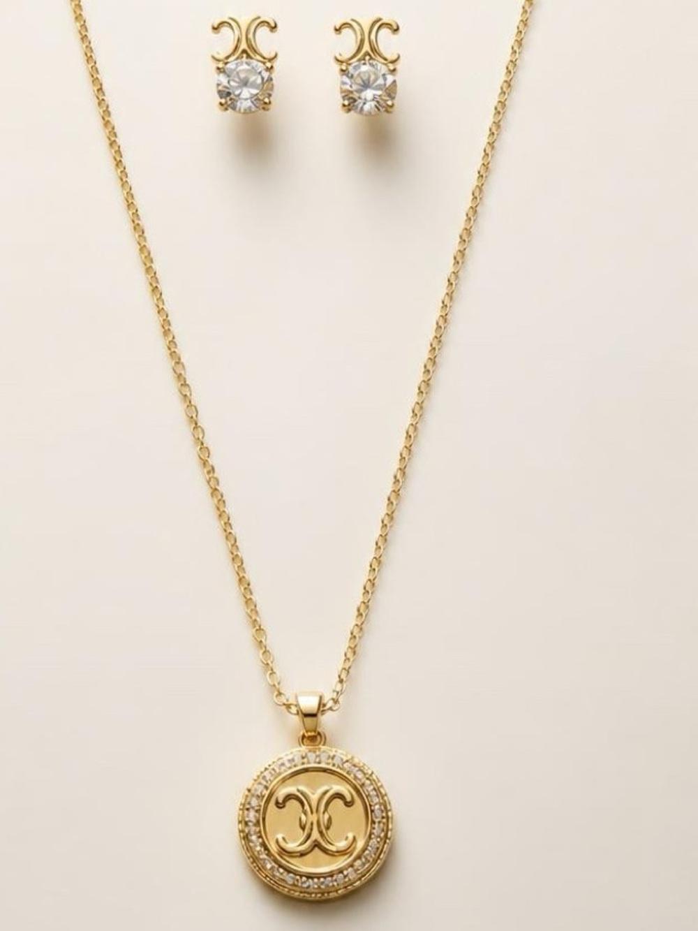 Fashion Jewelry Gold Pendant CC Necklace  with Crystal CC Accent Studs